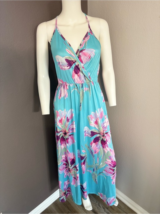 Dresses & Skirts - Turquoise Floral Maxi Dress with Pink Accent & Pockets